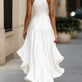 Karolína | Saténové šaty s volánky a halter výstřihem